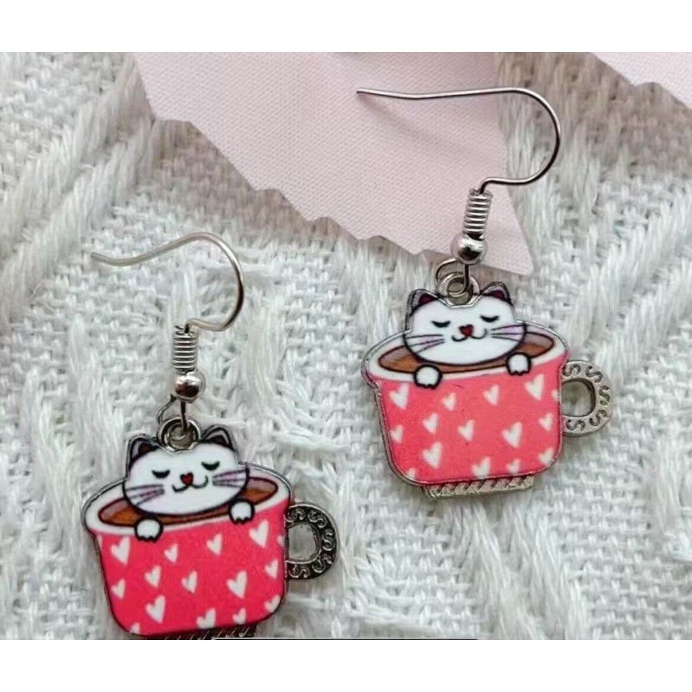 White Cat in Coffee Cup Teacup Pink Hearts Silver Earrings NWT